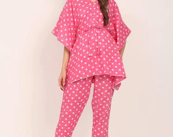 Rosa Kurzer Kaftan aus Baumwolle Kurti mit Reißverschluss und Hose: Mutterschaftsfütterungs-Stillset für Frauen, Geschenk für die neue Mutter