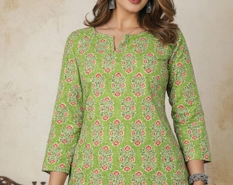 Reine Baumwolle Frauen Jaipuri Print Kurze Kurta, Indien tragen Kurti, Grüne Paisley Gedruckt Kurta für Sie, Indian Summer Ethnic Tunic Top / Bluse
