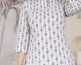 Weiß Floral Baumwolle Kurzes Kurta Top: Jaipur Sommer Tunika - Indian Ethnic Wear