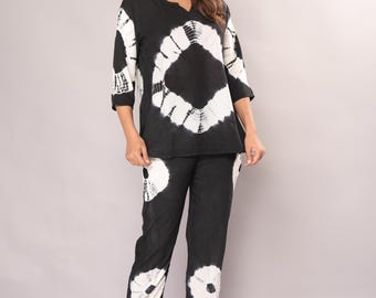 Katoenen tie-dye-set voor haar – Indiase koordsets – etnische combi-set dames – stijlvolle korte kurta met broek – combi-set voor dagelijks gebruik
