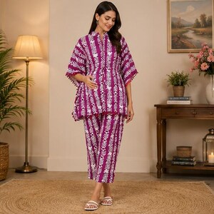Maternity Cotton Kaftan Co Ord Set – Purple Printed Feeding Lounge Set, Nursing Kaftan with Pants, Front Zipper Pregnancy Outfit
