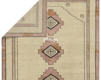 Bordered Beige Oushak Rug with Pink Accent , Hand Knotted Wool Carpet, Contemporary Living Room 8x10 9x12 10x14 12x15 Oversized