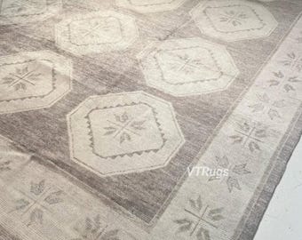 Muted Grey Accent Rug, Boho Hand Knotted Carpet, Geometric Pattern Rug, 8x10 9x12 10x14 Large Area Rug, Living Dining Bedroom
