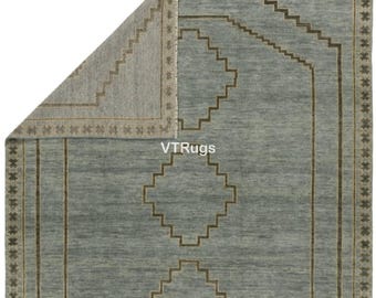Bordered Grey Oushak Rug with Olive Accent , Hand Knotted Wool Carpet, Contemporary Living Room 8x10 9x12 10x14 12x15 Oversized