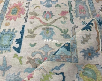 Contemporary Ivory Multi Oushak Rug, Hand Knotted Carpet in 8x10 9x12 10x14 Large Area Rug Custom Size for Living Bedroom