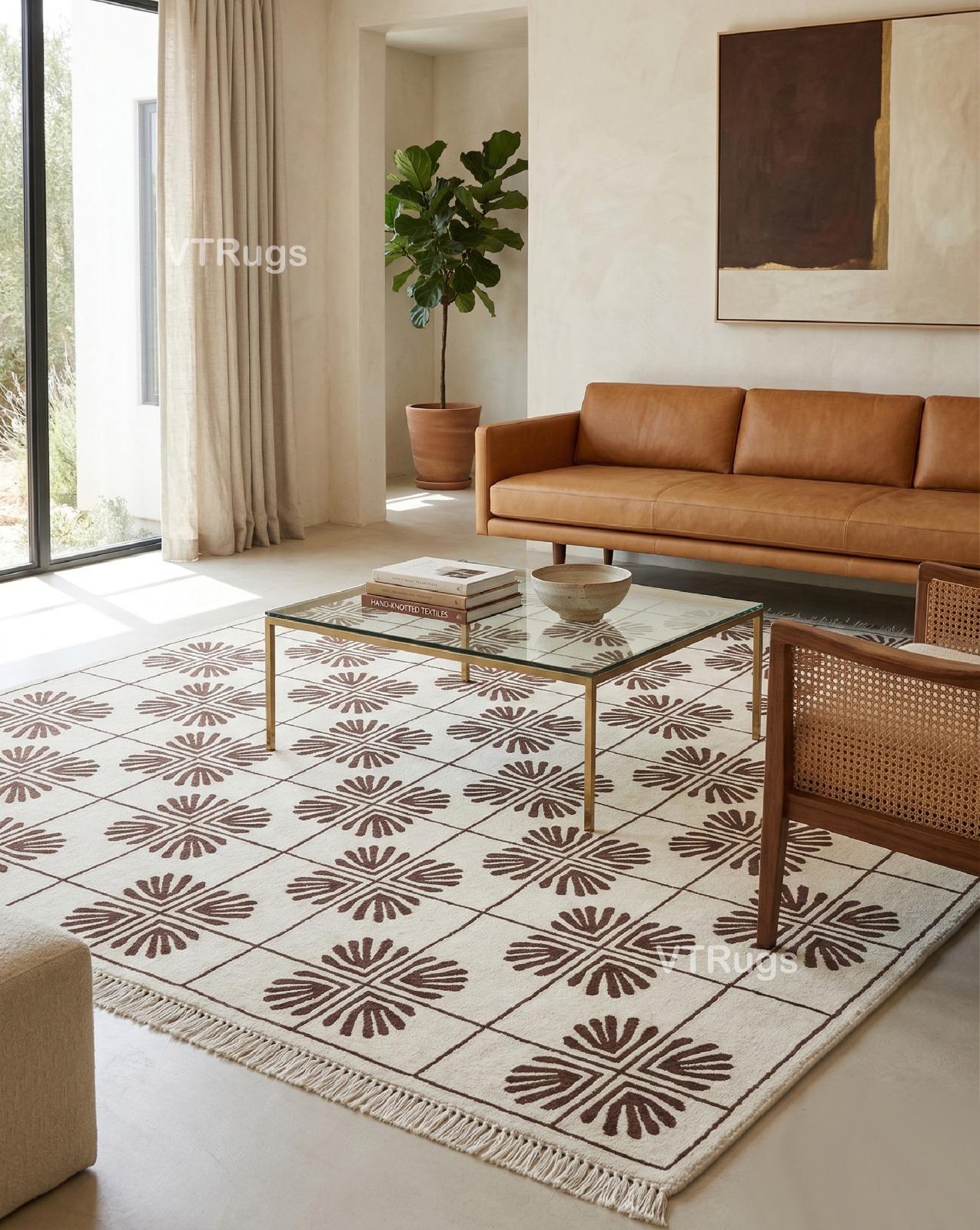 Fwn Pattern Rug Cream Brown Hand Knotted Rug, Wool Carpet, Leaf Box Pattern Rug ...