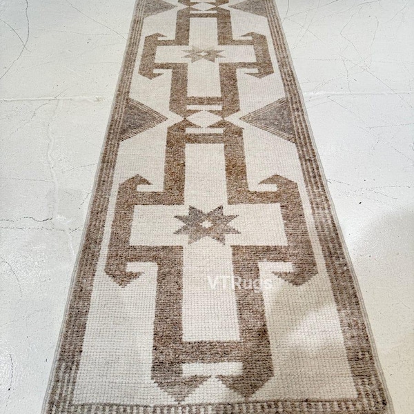 Antique cream brown runner rug, runner Oushak rug, hand woven wool rug, runner rug for hallway kitchen entryway, 2x8 2x9 2.5x9 2.5x10 3x12