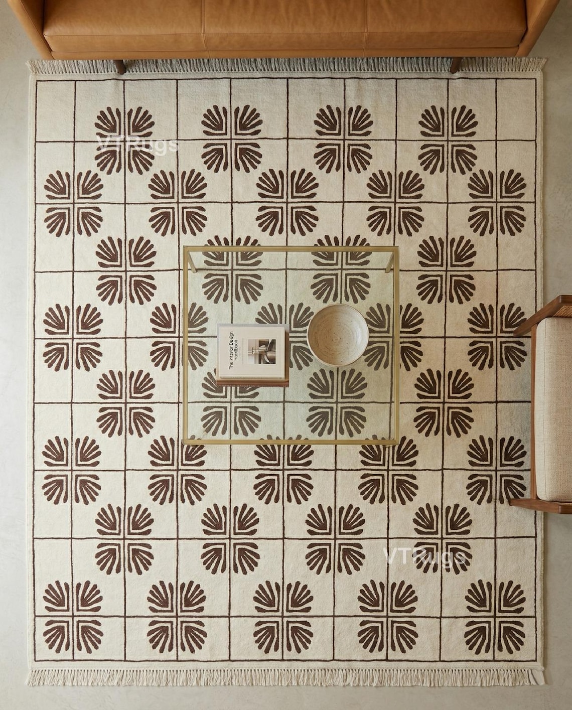Fwn Pattern Rug Cream Brown Hand Knotted Rug, Wool Carpet, Leaf Box Pattern Rug ...