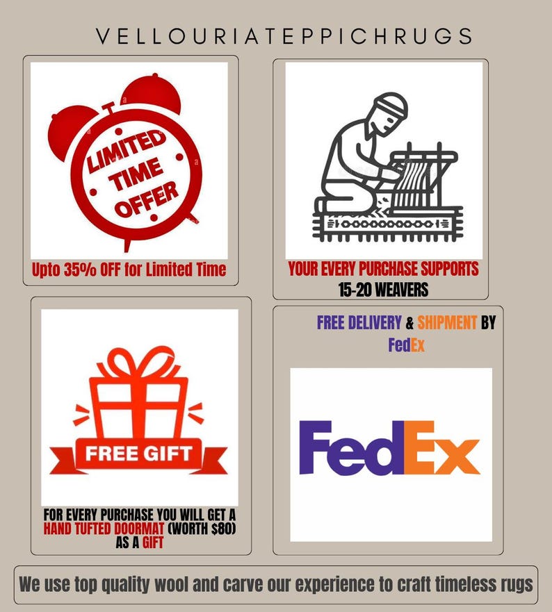 May include: Promotional graphic with red alarm clock icon and text "LIMITED TIME OFFER, Upto 35% OFF for Limited Time." Additional graphics include a weaver, a gift box, and the FedEx logo. Text states "Your every purchase supports 15-20 weavers" and "FREE GIFT".