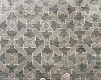 Muted Grey Green Oushak Rug, Hand Knotted Carpet, Geometric Pattern Wool 8x10 9x12 10x14 12x15 Large Area Ruge for Living Dinning Bedroom