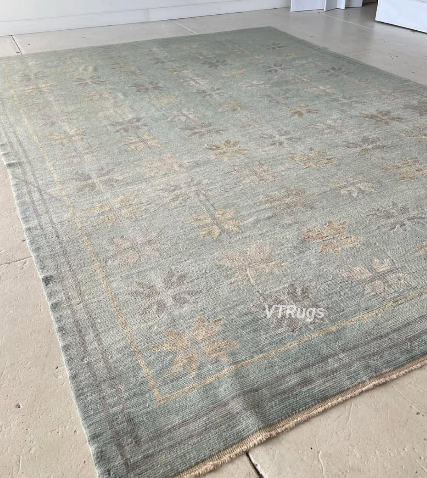 Muted Blue Oushak Rug Hand Knotted Wool Contemporary Carpet Living ...