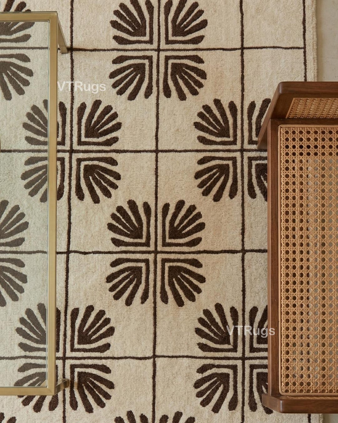 Cream Brown Hand Knotted Rug, Wool Carpet, Leaf Box Pattern Rug ...