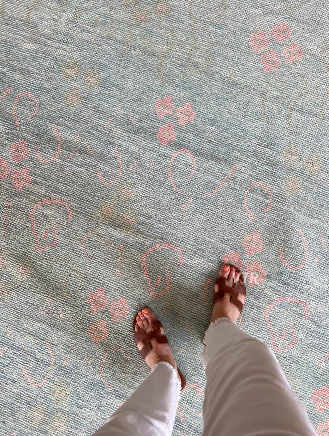 Muted Sky Blue Rug With Pink Spots, 9x12 Turkish Oushak Rug, Vintage ...
