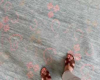 Muted Sky Blue Turkish Oushak Rug with Pink Spots - Area Rugs for Dining Room Bedroom Living Space