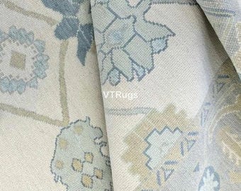 Modern Neutral Oushak Rug, Hand Knotted Wool Carpet, Soft Ivory Blue Accent, 8x10 9x12 10x14 Large Area Rug
