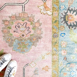 Soft pink modern turkish oushak rug, 8x10 hand knotted rug, new zealand wool rug, 6x9 7x10 8x10 9x12 area rug for bedroom living dining room