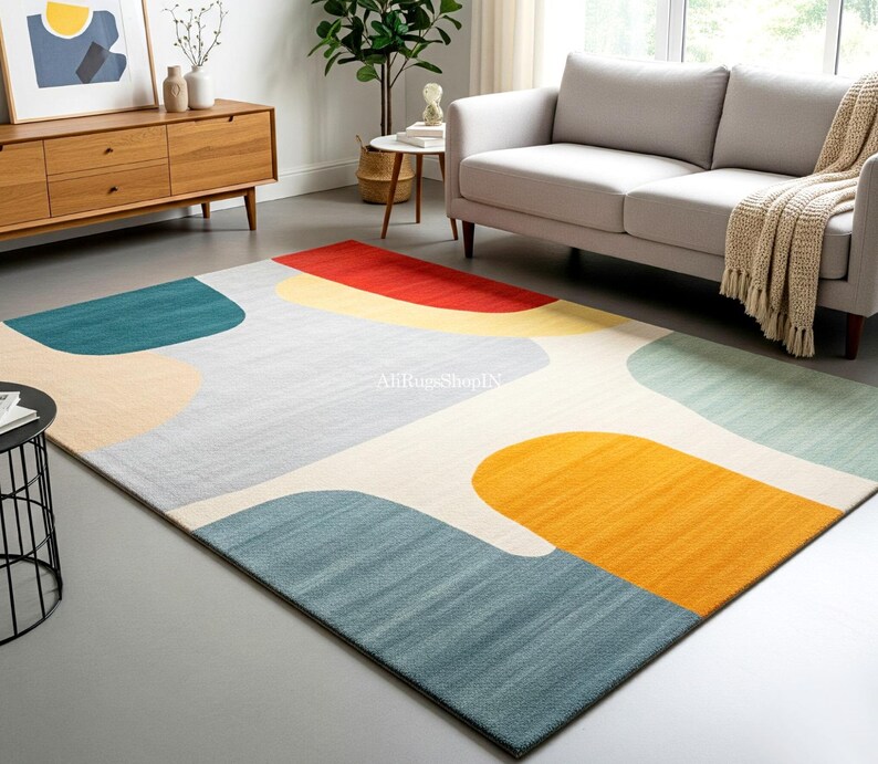 Modern Multicolour Curve Block Rugs, Playful Abstract Design in Yellow ...