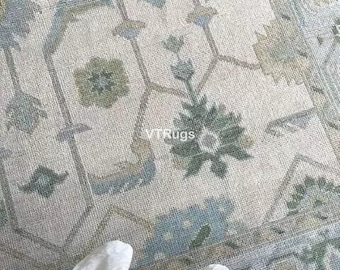 Muted Ivory Oushak Rug with Grey Green Accent, Hand Knotted Woollen Carpet in 8x10 9x12 10x14 Large Area Rug Custom Size for Living Bedroom