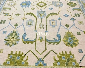 Modern Cream Olive Accent, Hand Knotted Oushak Rug, Hand Woven Wool Carpet, 8x10 9x12 10x14 12x15 for Living Dinning Room