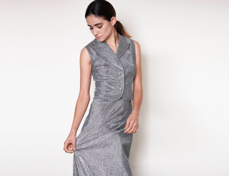 Sparkly Silver 2 Piece Vest And Maxi Skirt One Of A Kind Hand Etsy