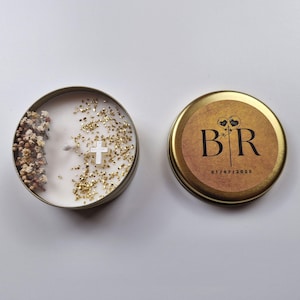 Candela bomboniera personalizzata in oro per matrimonio • Candele di cera di soia personalizzate con fiori secchi • Regalo di compleanno per battesimo, baby shower • Candela in latta dorata