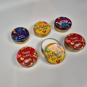 Personalized Birthday Soy Candle in Colorful Tin: Handmade Party Favor