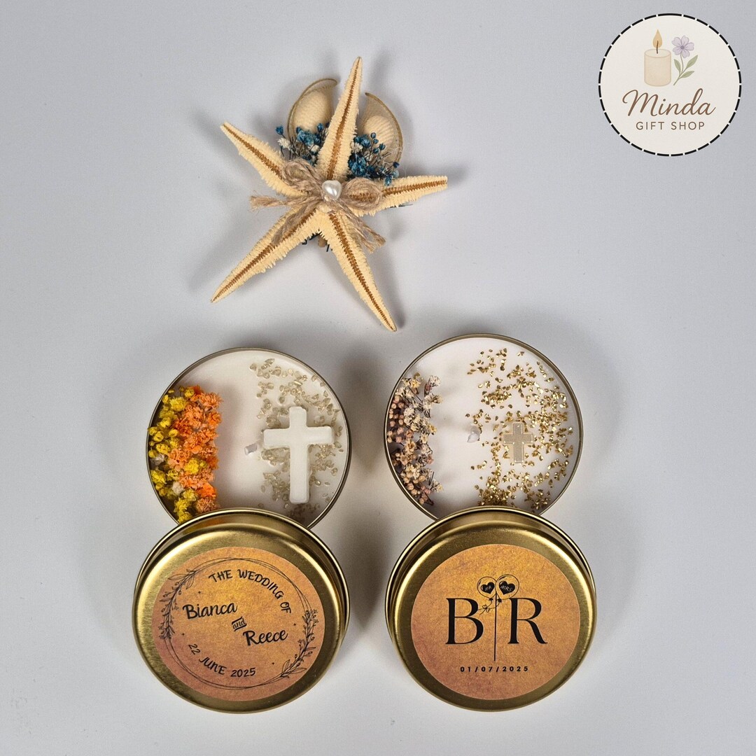 Personalized Gold Wedding Favor Candle • Custom Soy Wax Tin With Dried ...