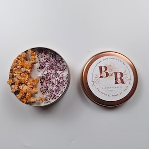 Candela bomboniera in bronzo personalizzata per matrimonio • Scatola di cera di soia personalizzata con fiori secchi • Elegante regalo per baby shower, battesimo o compleanno