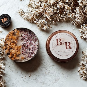 Personalized Soy Wax Candle Favor: Bronze or Rose Gold Tin, Dried Flowers