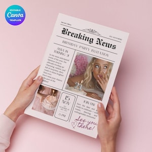 Funny Editable Newspaper Birthday Invitation - Canva Template - Faux Magazine Style Printable Adult Party Invite - Instant download