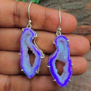 Purple Geode Earring Dangle Druzy Agate Gemstone 925 Sterling Silver Plated  Beautiful Earring Handmade Earring Personalized Earring For Her