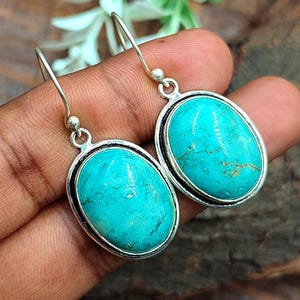 Turquoise Gemstone Earring 925 Sterling Silver Plated Oval Shape Beautiful Earring Handmade Bazel Hook Earring Personalized Earring For Her