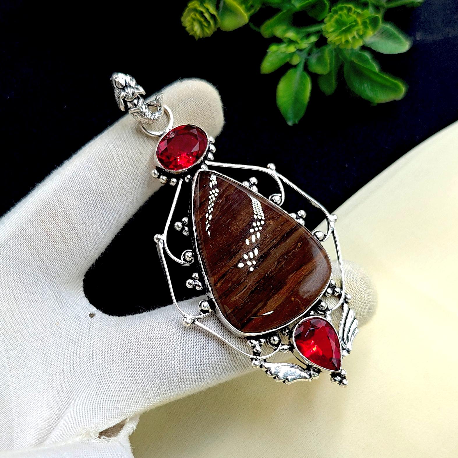 Agate Jasper & Red Garnet Gemstone Pendant Handmade Pendant 92.5 Sterling Silver Plated Jewelry Healing Jewelry Personalized Jewelry Gifts