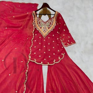 Red Embroidered Salwar Kameez: Pakistani Sharara Suit With Dupatta