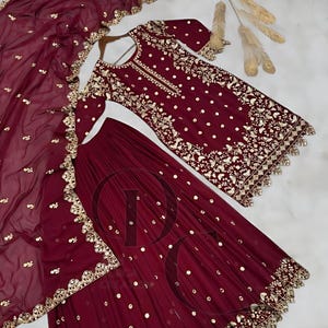 Embroidered Georgette Sharara Kurti Set: Pakistani Indian Women&#39;s Wear
