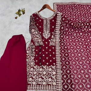 Maroon Georgette Embroidered Salwar Kameez: Wedding Sharara Party Dress