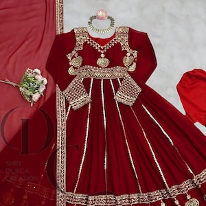 Maroon Anarkali Gown: Garba Bandhani, Mirror Work, Partywear