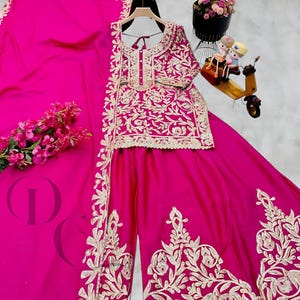 Pakistani Pink Sharara Palazzo Suit: Chinon Silk, Sequence Embroidery