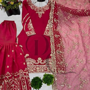 Embroidered Georgette Sharara Suit: Pakistani Palazzo Wedding Dress