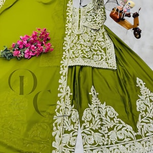 Green Sharara Palazzo Suit: Chinon Silk, Sequence Embroidery, Party Wear