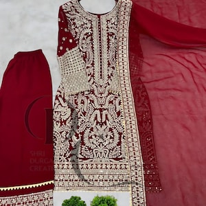 Maroon Embroidered Salwar Kameez: Georgette Kurta Palazzo Set
