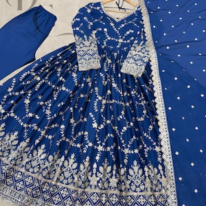 Robe bleu foncé en séquence lourde, travail Anarkali, Dupatta, 3 pièces, robe de mariée fantaisie, robe pakistanaise, longue kurti, tenue de fête de mariage indienne