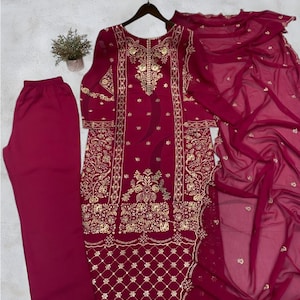 Pink Embroidered Georgette Kurti Pant Suit with Dupatta: Eid Dress
