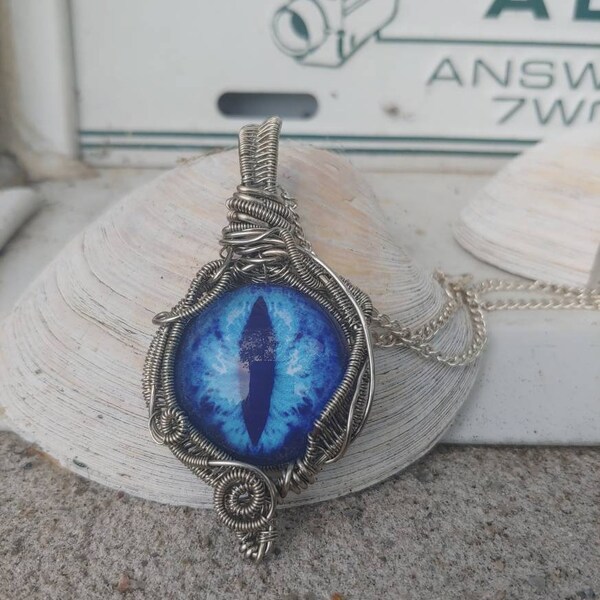 Blue Dragon's Eye,Titanium Colored Wire, Dragon,Dragon Eye, Wire Wrapped Pendant, Blue,Wicca, Witch, Pagan Pendant