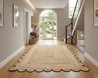 Handmade Scalloped Jute Rug, Braided Scallop Jute Carpet, Rustic Natural Fiber Floor Covering, Jaipur Navajo Jute Rug, Boho Home Decor