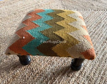 Wool Cotton Stool | Handmade Upholstered Footrest| Boho Accent Seat | Natural Fiber Furniture | Vintage Kilim Cotton Seating | woven Bench
