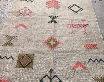 Handgeweven wollen jute kelimloper, oosters geometrisch ontwerp