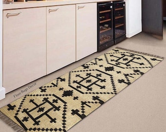 Zwart-wit handgeweven wollen jute kelimloper voor hal keuken hal loper Indiaas traditioneel milieuvriendelijk Turks interieur tapijt