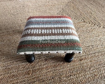 Wool Cotton Stool : Handmade Upholstered Bench • Boho Accent Seat • Natural Fiber Furniture • Aesthetics Bohemian Ottoman footrest Stool