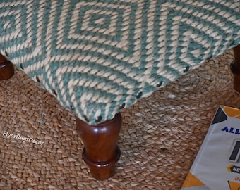 Kilim Foot Stool Handmade Ottoman Wool Upholstered Pouf Boho Footrest Vintage Turkish Kilim Stool Home Decor